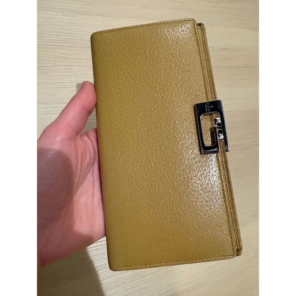 Gucci Mustard Yellow Pebbled Leather Bifold‎ Long Wallet Gold GG Logo